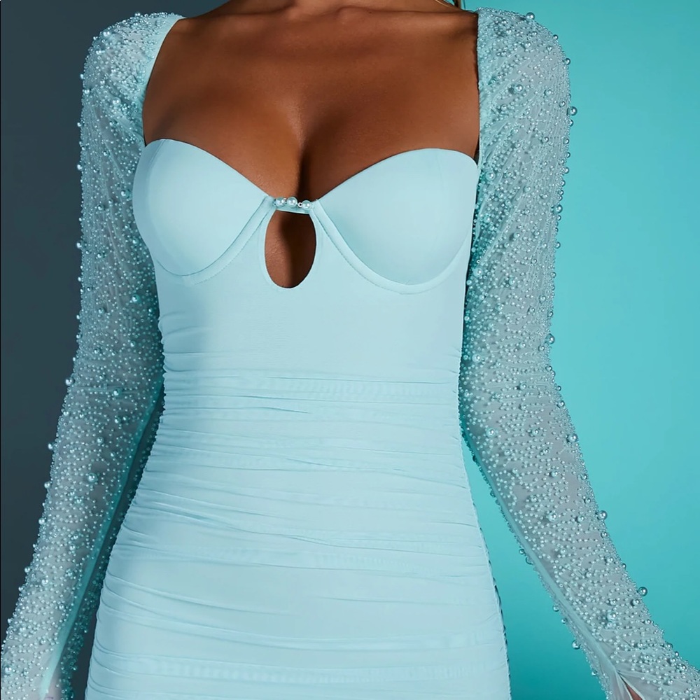 Oh Polly Aqua Beaded Long-Sleeve Mini Dress